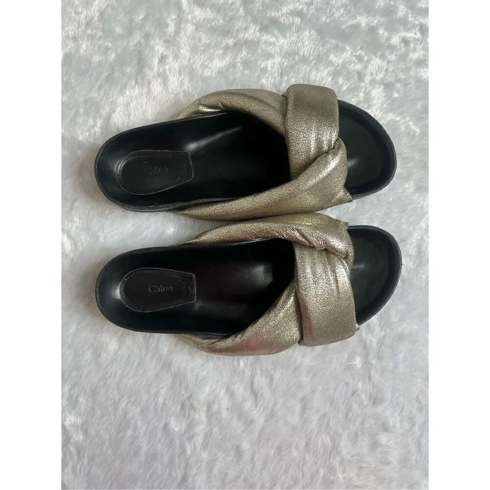 Chole  Nolan  Crinkled Leather Puff Knot Chunky Sandal Slides Size 38